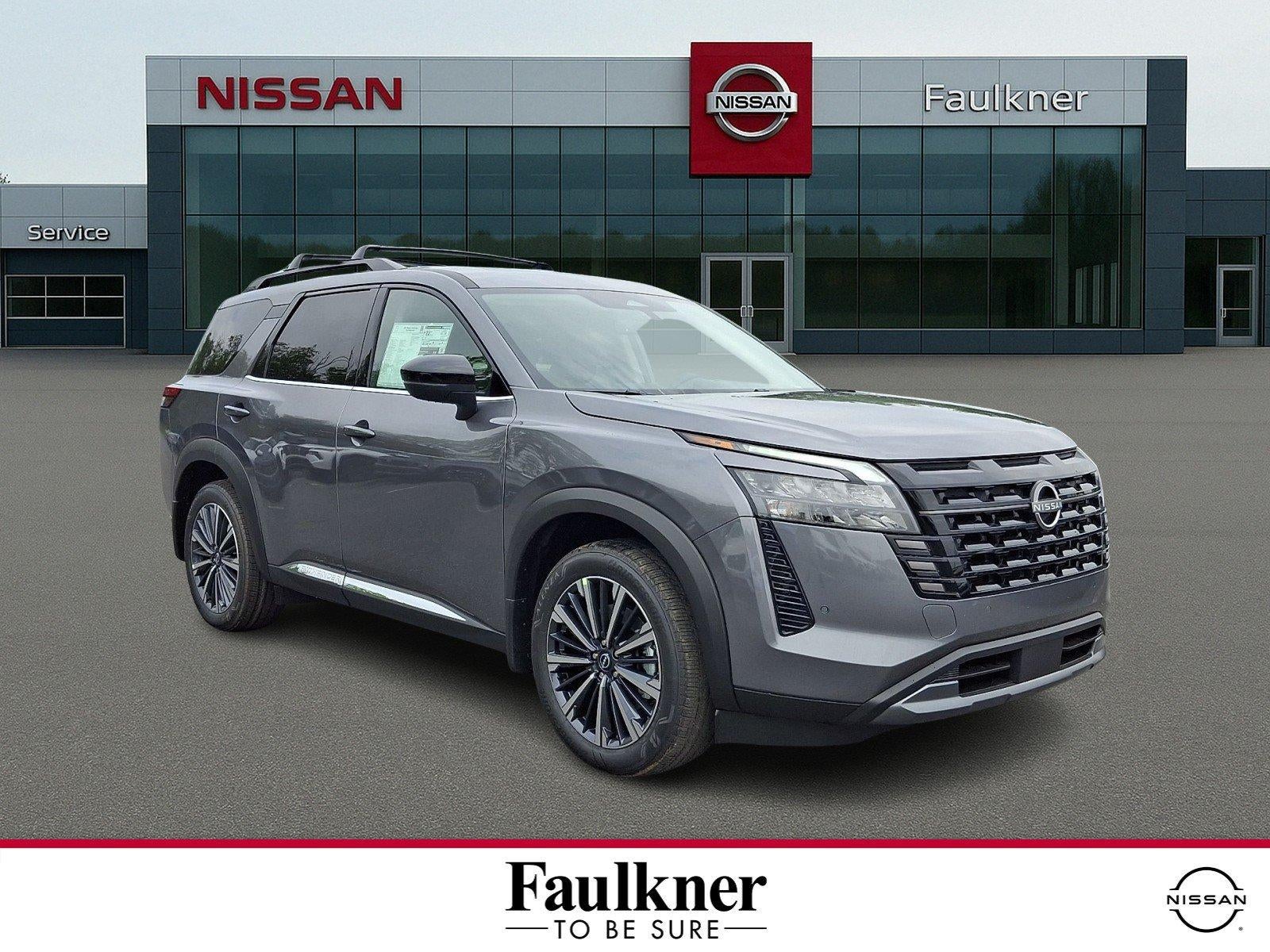 2026 Nissan Pathfinder Platinum in Gun Metallic — front three-quarter view